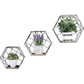 Admired By Nature 3pcs Hanging Shelves, Accent Wall Shelf, Hexagon Shelves, Wall Storage Shelves, Display Shelf, Wire Decorative Floating Shelves, Geometric Wall Decor for Home Décor, Matte Black