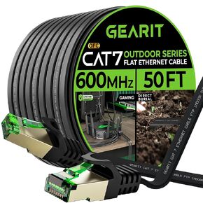 GearIT Cat 7 Outdoor Flat Ethernet Cable (15ft, Black) Direct Burial Rated LLDPE Jacket - Indoor Cat7 Shielded FTP 600MHz 10Gbps High Speed Gaming Computer Network RJ45 Snagless Patch Cord Internet