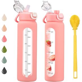 32 oz Glass Water Bottles with 2 Lids-Handle Spout Lid & Straw Lid, 1 Liter Motivational Borosilicate Water Bottle with Time Marker and Silicone Sleeve,Leakproof-Olive-1 Pack