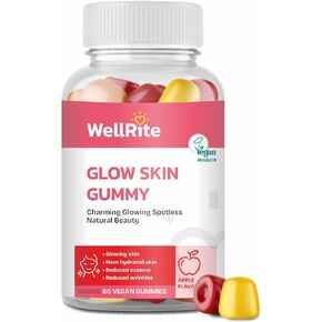 Glow Skin Gummy Vitamins, 60 Count, Apple Flavored, Vegan, Gelatin Free, Gluten Free, Nut Free, Glowing & Hydrated Skin, Reduced Eczema, Reduced Wrinkles