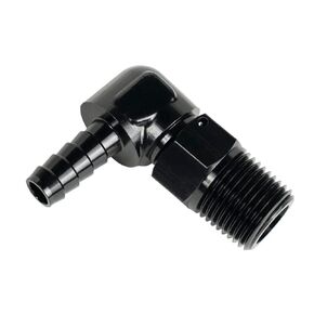 DERALE Fitting, Adapter, 90 Degree, 7/8-14 in NPT Male O-Ring to 3/8 in Hose Barb, Aluminum, Black Anodized, Each