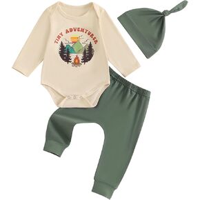 Newborn Baby Boy Clothes Long Sleeve Letter Tractor Print Romper and Pants with Hat Coming Home Outfit 3Pcs