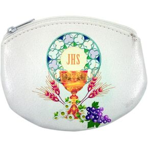 My First Holy Communion IHS Chalice White Rosary Pouch with Zipper Close, 3 1/4 Inch