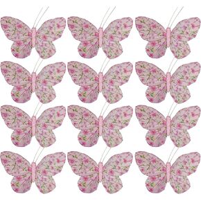 YCHTEWY-Feather Pink Butterfly for Craft Decoration Set of 12 with Wire Wedding Home Flower Pot Christmas Party Spring Home Decor Floral