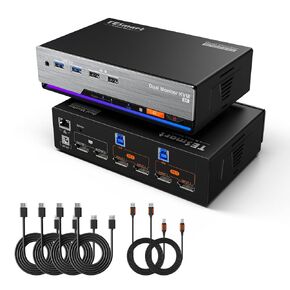 TESmart 8K@60Hz DP KVM Switch 3 Monitors 2 Computers USB 3.0, KVM Switch Triple Monitor 2 Computers DisplayPort 1.4, Support EDID, 1G Ethernet, Hotkey Switch, 4K@144Hz 2K@144Hz for Gaming&Home Office