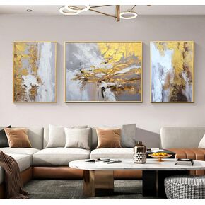 Hand Painted Abstract Canvas Wall Art for Living Room,Large Framed Gold Oil Painting For Bedroom, 3 pcs Wall Painting for Office Wall Décor 24" x 64"