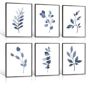 Bohemian Flower Wall Art 6 - Piece Set, Navy Blue Minimalist Abstract Print, Watercolor Blue and White Leaf Plant Wall Decoration Unframed Canvas Painting, Decorating Living Room, Bathroom, Bedroom