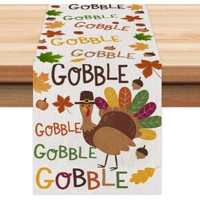 ARKENY Gobble Turkey Thanksgiving Fall Table Runner 13x72 Inches, Maple Leaf Beige Holiday Indoor Outdoor Table Decoration for Home