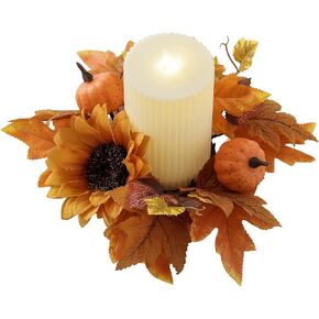 Thanksgiving Candle Ring Fall Small Wreath Artificial Maple Leaves 9.84" Sunflower Pumpkin for Autumn Harvest Festival Farmhouse Halloween Table Decor