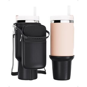 Water Bottle Carrier Bag with Pocket for Stanley Cup 40 oz, Dual-Layer Protection for Stanley Cup Holder with Strap Adjustable for Stanley Cup Accessories with Water Bottle Boot (Black)