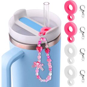 BABORUI 4Pcs Straw Toppers for Stanley Cup, Non-Slip Silicone Straw Charm Adapters Blank for Stanley Decorations, DIY Dangle Charm for Stanley Cup Pink Accessories 14oz 20oz 30oz 40oz