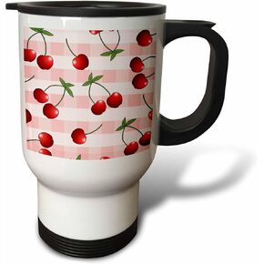 3dRose " Cherry Print Juicy Red Cherries on Pink Check" Travel Mug, 14 oz, Multicolor