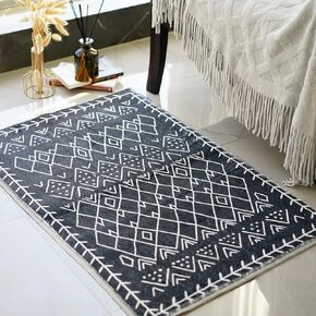 Tititex Navy White Bohemian Area Rug - 1.6'x2.6' Ultra Soft Faux Rabbit Fur Boho Runner Rug Doormat, Non-Slip Mat Washable High-Pile Carpet for Laundry Bedroom Decor