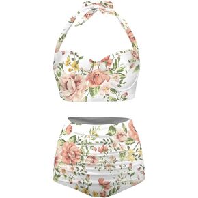 Women 2 Piece Bikini Swimsuits Set Printed Sexy High Waist Bikini Set Summer Sporty Bathing Suits with Bottoms