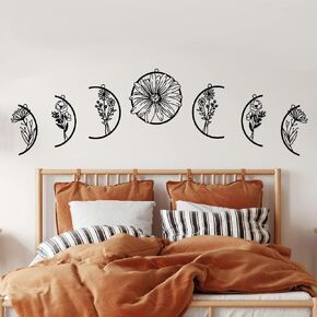 Moon Flower Metal Wall Decor, Moon Phase Metal Wall Art for Boho Home Decor, Living room Decor Kitchen Decor, Above Bed Decor, Floral Moon Bedroom Wall Art, Housewarming Gift, Black