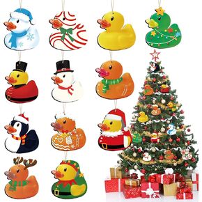 48 Pcs Christmas Wooden Duck Ornament Holiday Duck Tree Ornaments Xmas Duck Hanging Ornament Santa Snowman Elf Christmas Characters Duckies for Christmas Tree Party Themed Decoration