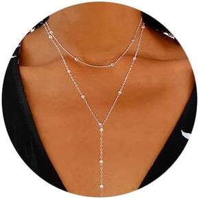 MBW Lariat Silver Necklace for Women, Dainty 14k Silver Chain Layered Beaded Drop Necklaces for Women Trendy Fashion Simple Long Beaded Necklaces Thin Minimalist Silver Jewelry Gifts for Women Girls