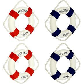 QWORK Lifebuoy Wall Hanging Decor - 4 Pack Welcome Aboard Mediterranean Style Home Decoration (Red +Blue 5.5") - Nautical Chic Decorative Lifeguard for Home, Office, or Beach House