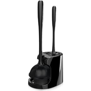 2 in 1 Toilet Brush and Plunger Set - Toilet Brush with Solid Handle, Stand and Holder for Deeply Cleaning in Bathrooms - Plastic Toilet Brush and Holder Set in Grey