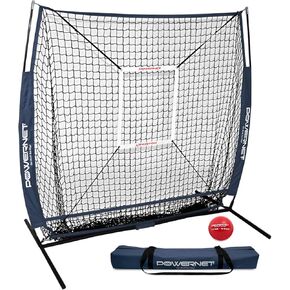PowerNet 5x5 Practice Net + Strike Zone + Weighted Training Ball Bundle | Baseball Softball Coaching Aid | Compact Lightweight Ultra Portable | Hitting Pitching (Red) (Red)