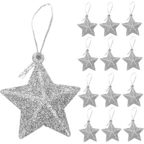 HEALLILY 24pcs Silver Glitter Star Ornament, Christmas Glitter Stars Hanging Ornaments for Xmas Tree, Home, Party, Wedding Decoration
