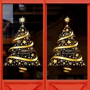 Large Gold Christmas Wreath Window Clings 2 Pack Large Whole Xmas Wreath Window Stickers Large DIY Static Wall Window Door Mural Showcase Decal Sticker-18x19 Inche