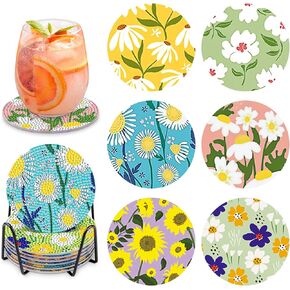 8Pcs Diamond Art Coasters with Holder, 5D Sunflowers Diamond Art Coasters Kits for Adults Beginners, DIY Round Diamond Painting Coaster Flowers Painting Craft for Home Decor