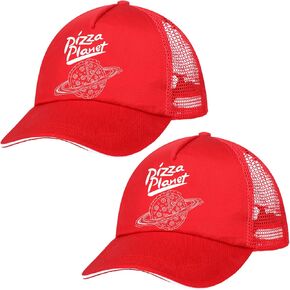 Geyoga 2 Pack Pizza Planet Hat Baseball Cap Embroidery Dad Hat Adjustable Cotton Adult Sports Hat Unisex Delivery Hat with Curved Brim for Story Party Decoration, Red