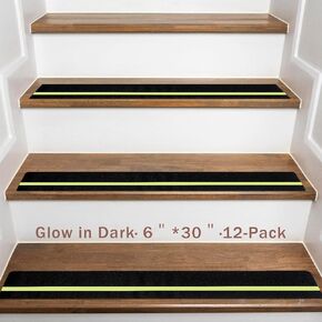 Anti Slip Traction Treads with Glow in Dark Stripe, 6" X 30", Stair Treads Non Slip Tape, 12 Pack, Waterproof, Skateboard Grip Tape, High Traction Friction, Abrasive Adhesive for Stairs