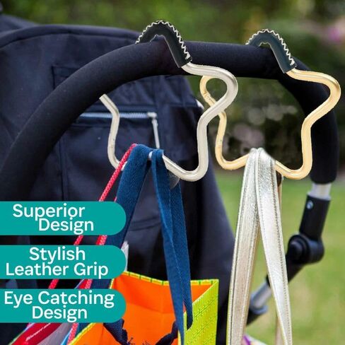 BUGGY GEAR STAR HOOK by BUGGYGEAR Gold/Navy Leather - The Perfect Way to Carry Your Baby Diaper Bag - Use The Hook on Your Stroller Handle Bars and Let The Hooks Do The Work in Saudi Arabia