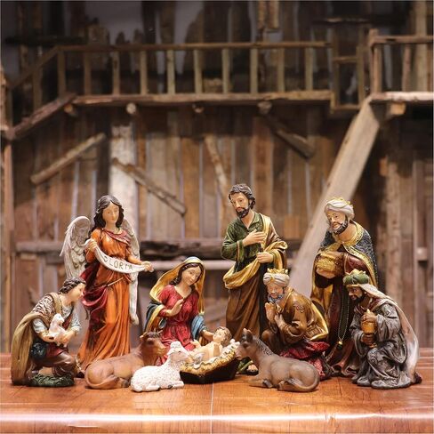Zayton Nativity Set Christmas Indoor Figurines 11 pcs Nativity Scene Set 5.5“ Holy Family Miniatures Statue Crib Jesus Manger Ornament Church Xmas Gift Home Decoration in Saudi Arabia