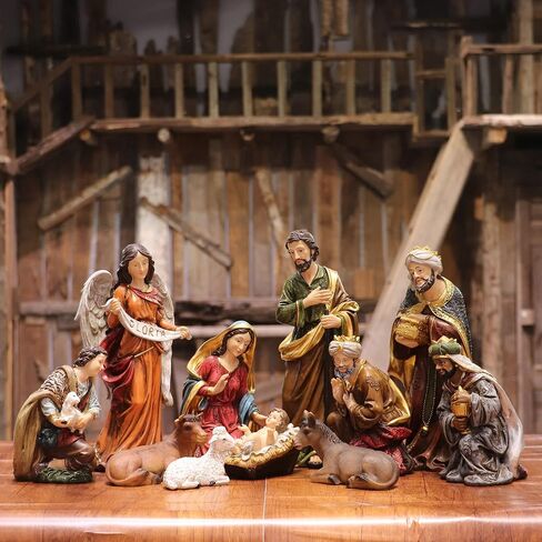 Zayton Nativity Set Christmas Indoor Figurines 11 pcs Nativity Scene Set 5.5“ Holy Family Miniatures Statue Crib Jesus Manger Ornament Church Xmas Gift Home Decoration in Saudi Arabia