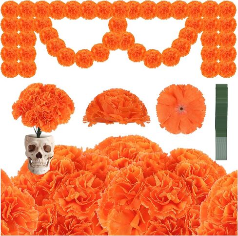100PCS Artificial Marigold Flowers Heads Silk Orange Flower for Dia De Los Muertos Day of The Dead Diwali Home Decor Indian Theme Weddings DIY Wreath Garland Decoration in Saudi Arabia