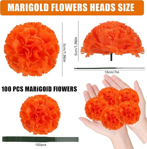 100PCS Artificial Marigold Flowers Heads Silk Orange Flower for Dia De Los Muertos Day of The Dead Diwali Home Decor Indian Theme Weddings DIY Wreath Garland Decoration in Saudi Arabia
