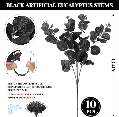 10 PCS Black Artificial Eucalyptus Stems, Black Silk Flowers, Eucalyptus Stems Branches, Halloween Decorations for Table Centerpieces in Saudi Arabia