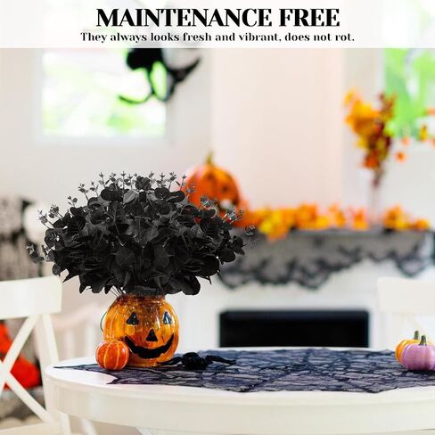 10 PCS Black Artificial Eucalyptus Stems, Black Silk Flowers, Eucalyptus Stems Branches, Halloween Decorations for Table Centerpieces in Saudi Arabia
