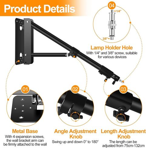 FUDESY Wall Mounting Triangle Boom Arm for Ring Light, Strobe Lighting Softbox Reflector Umbrella Monolight, and Photography Strobe Light, Max Length 39.3 inches/100cm, Support 180 Degree Rotation in Saudi Arabia