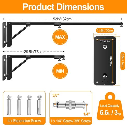 FUDESY Wall Mounting Triangle Boom Arm for Ring Light, Strobe Lighting Softbox Reflector Umbrella Monolight, and Photography Strobe Light, Max Length 39.3 inches/100cm, Support 180 Degree Rotation in Saudi Arabia