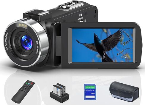 كاميرا فيديو بدقة 8K بدقة 64 ميجابكسل وكاميرا فيديو بتكبير رقمي 18X لليوتيوب وكاميرا تسجيل فيديو بشاشة قلاب 3.0 بوصة مع بطاقة SD سعة 32 جيجابايت وجهاز تحكم عن بعد 2.4 جيجا بايت وبطاريتين وميكروفون خارجي in Kuwait