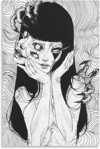 ملصق Junji Ito Gothic Horror باللونين الأبيض والأسود على القماش ملصق فني وصورة فنية جدارية مطبوعة على ملصقات ديكور غرفة النوم العائلية الحديثة 12 × 18 بوصة (30 × 45 سم) in Saudi Arabia