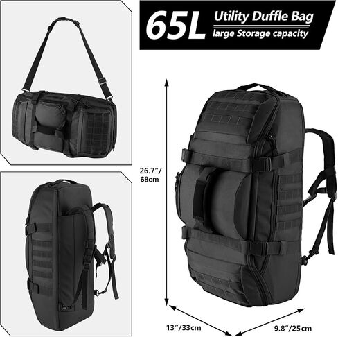 65L Large Duffle Bag, 3-in-1 Tactical Backpack MOLLE Pack for Sports, Gym, Outdoor, Black in Saudi Arabia