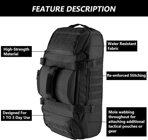 65L Large Duffle Bag, 3-in-1 Tactical Backpack MOLLE Pack for Sports, Gym, Outdoor, Black in Saudi Arabia