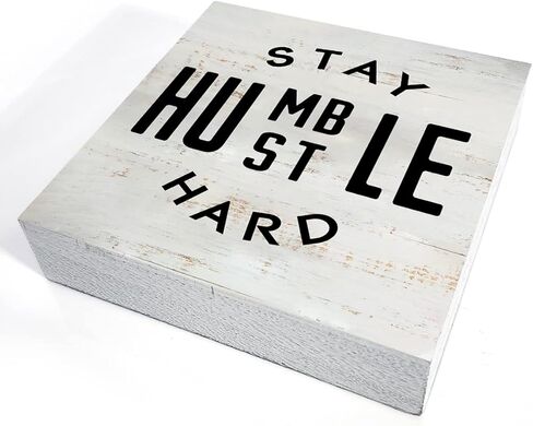 علامة ملهمة على شكل صندوق من الخشب الصلب Stay Humble Hustle، علامة صندوق خشبي ريفي، ديكور رف مكتب المنزل والمزرعة (5 × 5 بوصة) in Kuwait