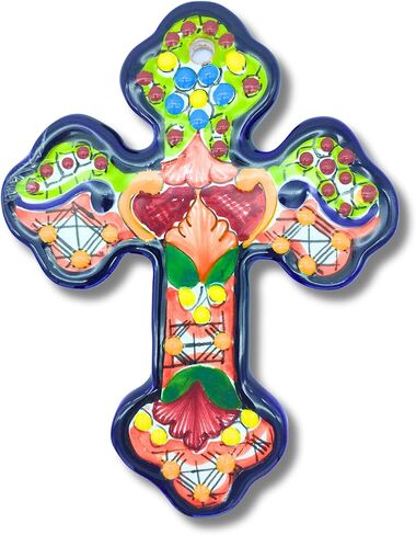 تصميمات Casa Fiesta صليب سيراميك مكسيكي، صليب تالافيرا ملون مرسومة يدويًا على الحائط مزين بالزهور مصنوع يدويًا في المكسيك، كروز متعدد الألوان (6) in Kuwait