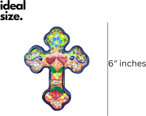 تصميمات Casa Fiesta صليب سيراميك مكسيكي، صليب تالافيرا ملون مرسومة يدويًا على الحائط مزين بالزهور مصنوع يدويًا في المكسيك، كروز متعدد الألوان (6) in Kuwait