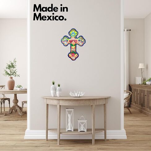 تصميمات Casa Fiesta صليب سيراميك مكسيكي، صليب تالافيرا ملون مرسومة يدويًا على الحائط مزين بالزهور مصنوع يدويًا في المكسيك، كروز متعدد الألوان (6) in Kuwait