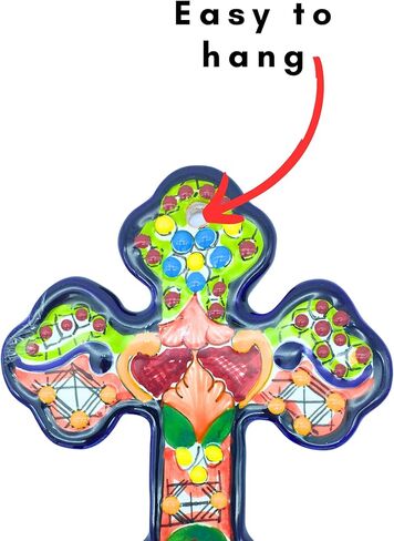 تصميمات Casa Fiesta صليب سيراميك مكسيكي، صليب تالافيرا ملون مرسومة يدويًا على الحائط مزين بالزهور مصنوع يدويًا في المكسيك، كروز متعدد الألوان (6) in Kuwait