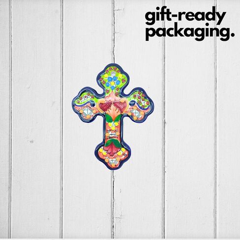 تصميمات Casa Fiesta صليب سيراميك مكسيكي، صليب تالافيرا ملون مرسومة يدويًا على الحائط مزين بالزهور مصنوع يدويًا في المكسيك، كروز متعدد الألوان (6) in Kuwait