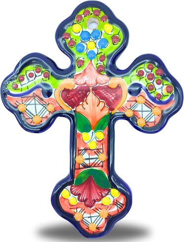 تصميمات Casa Fiesta صليب سيراميك مكسيكي، صليب تالافيرا ملون مرسومة يدويًا على الحائط مزين بالزهور مصنوع يدويًا في المكسيك، كروز متعدد الألوان (6) in Kuwait