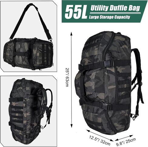 65L Large Duffle Bag, 3-in-1 Tactical Backpack MOLLE Pack for Sports, Gym, Outdoor, Black in Saudi Arabia